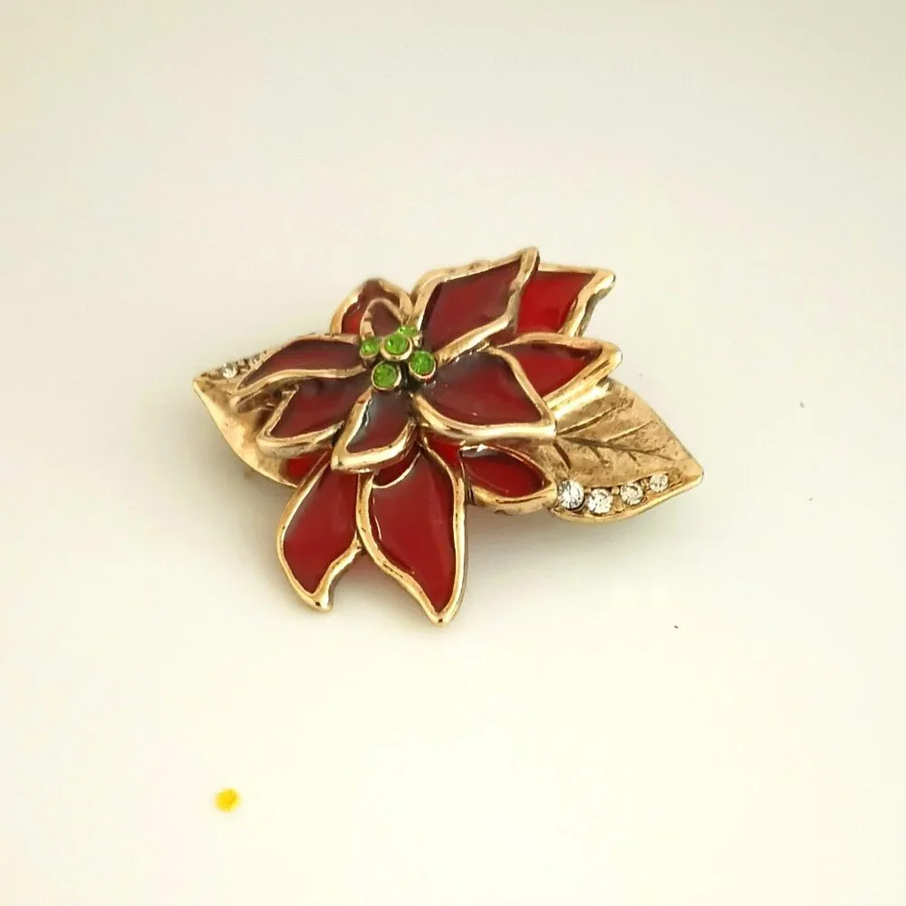 LC Enamel Poinsettia Brooch Red Gold Christmas Flower Pin